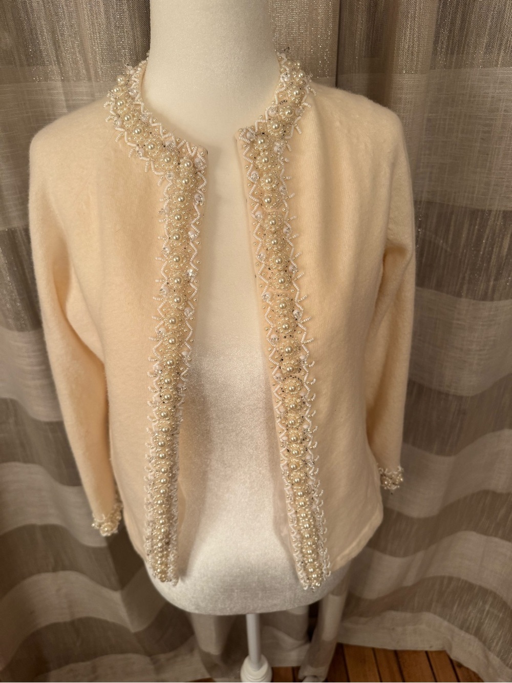 Vintage Valentina Cream-Colored Beaded Cardigan Sweater
